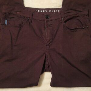 Perry Ellis Dark Red Slim Fit Stretch Flat Front Cotton Casual Pants 32x30